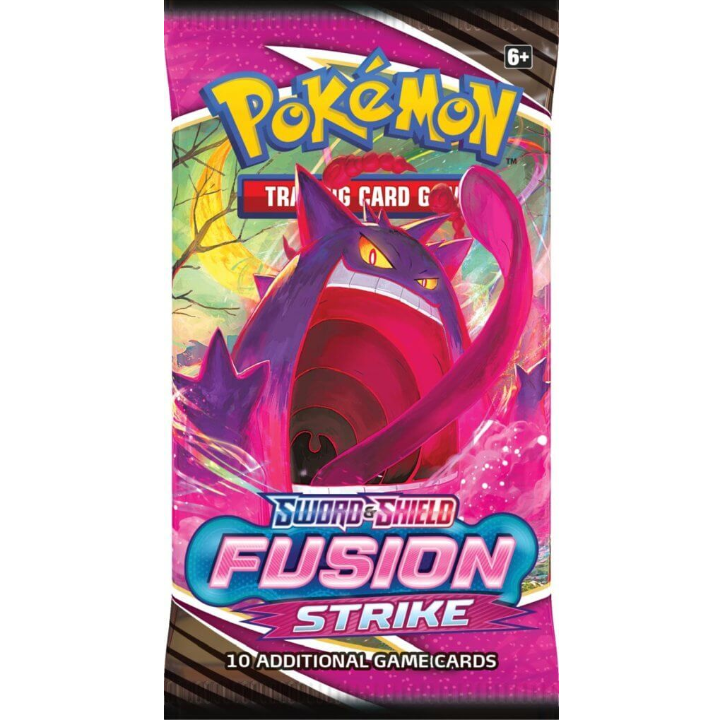 Packaging for Pokemon TCG - Sword & Shield Fusion Strike Booster Pack with vibrant colors and multiple Pokemon characters.