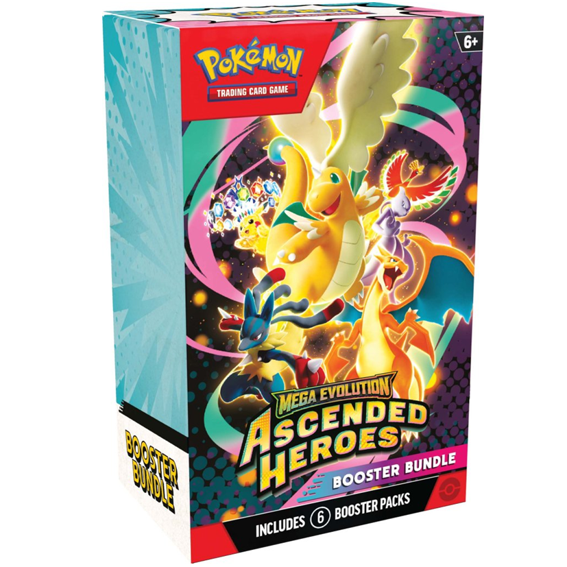 Pokémon Mega Evolution Ascended Heroes booster bundle packaging on a white background