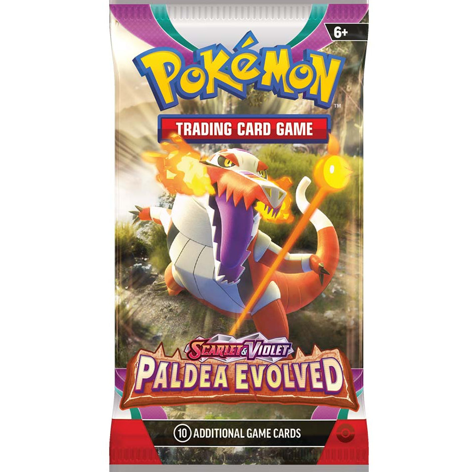 Packaging for Pokémon TCG Scarlet & Violet Paldea Evolved Booster Pack with an illustration of a Pokémon in a vibrant setting.