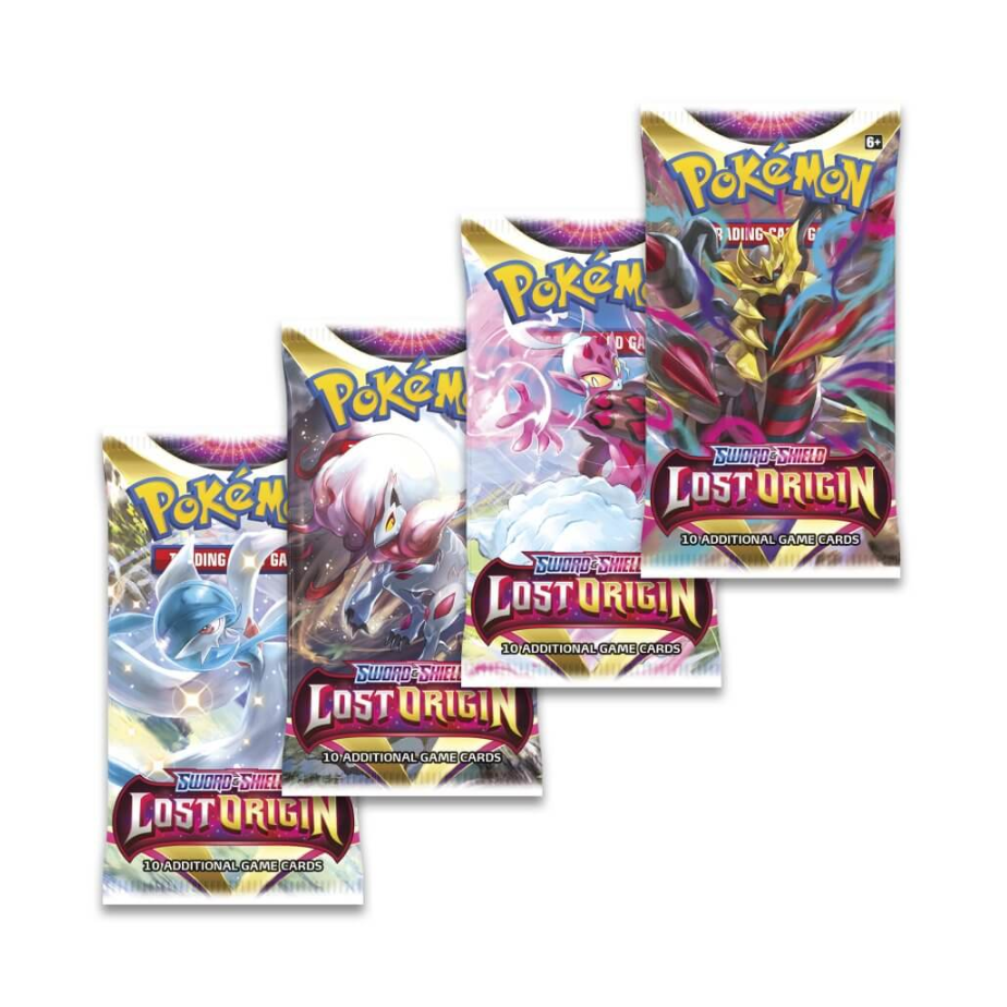 Pokémon Lost Origin trading card game packs on a white background