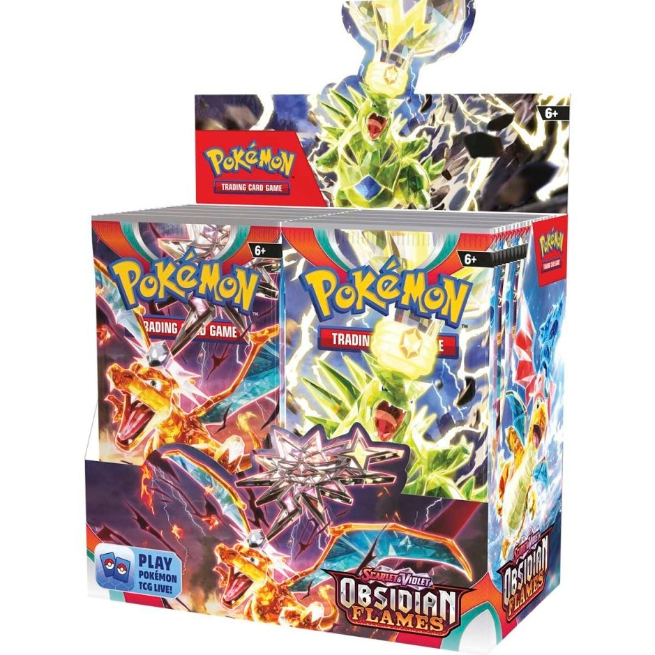 A booster box of Pokémon TCG featuring Scarlet & Violet Obsidian Flames expansion with vibrant card illustrations and branding on the packaging.