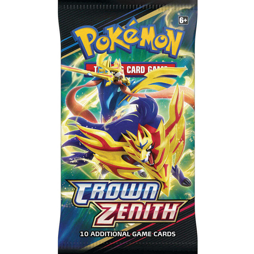 Packaging for Pokemon TCG Sword and Shield Crown Zenith Booster Pack with illustrated Pokémon characters.