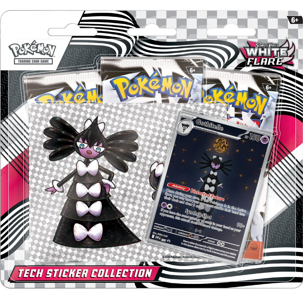 Pokémon trading card game packaging with a character and card inside, on a checkered background.
