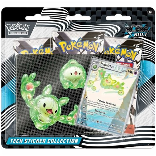 Pokémon trading card game pack with stickers and cards on a black and white striped background
