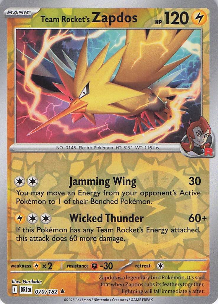 Pokemon TCG - Team Rocket's Zapdos 070/182 Destined Rivals Reverse Holo NM