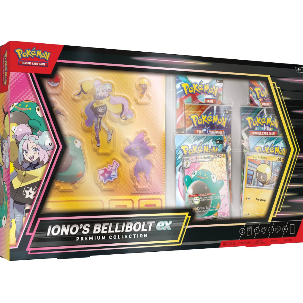 A product image showcasing the Pokémon TCG - Iono's Bellibolt ex Premium Collection which includes various Pokémon cards, booster packs, and collectible items displayed within a transparent box.
