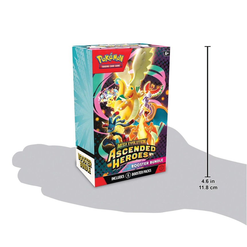Pokémon trading card game booster bundle box held by a hand with dimensions indicated.