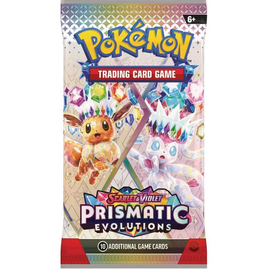 Pokémon Trading Card Game Prismatic Evolutions card pack on a white background