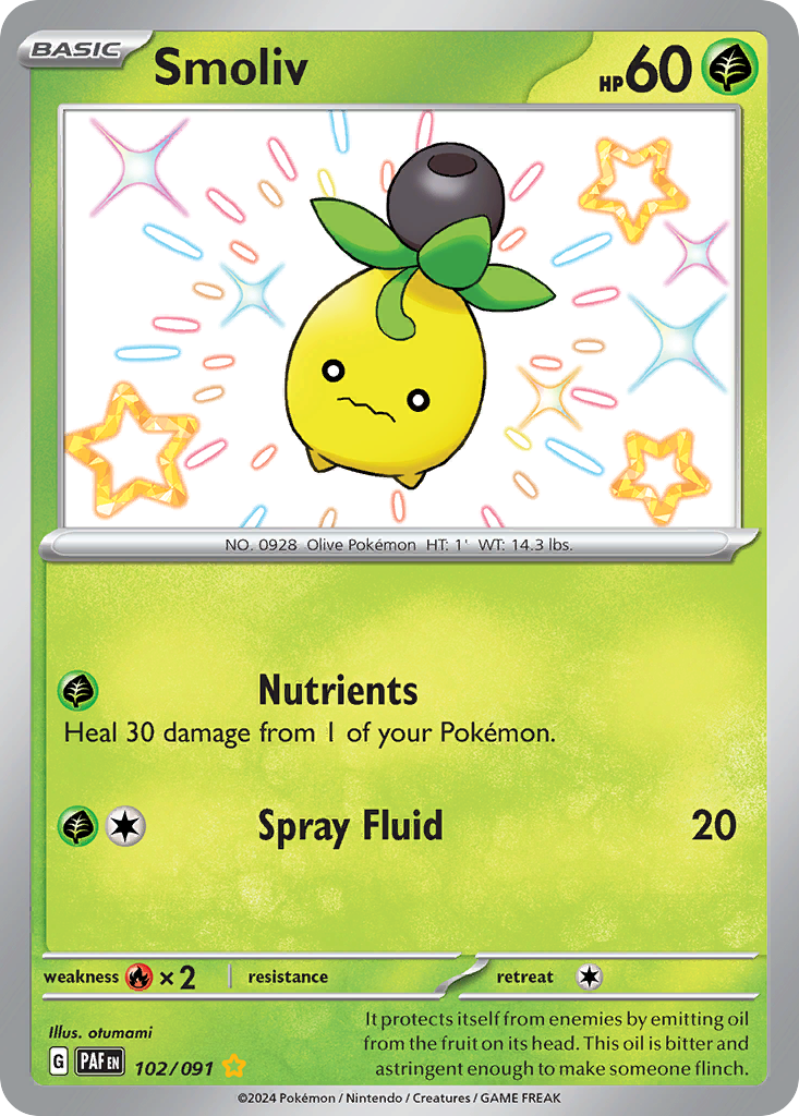 Smoliv 102/091 Shiny Rare Paldean Fates Pokemon Holo NM