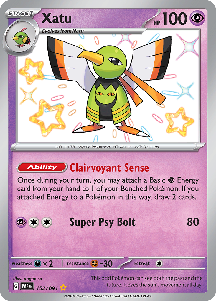 Xatu 152/091 Shiny Rare Paldean Fates Pokemon Holo NM